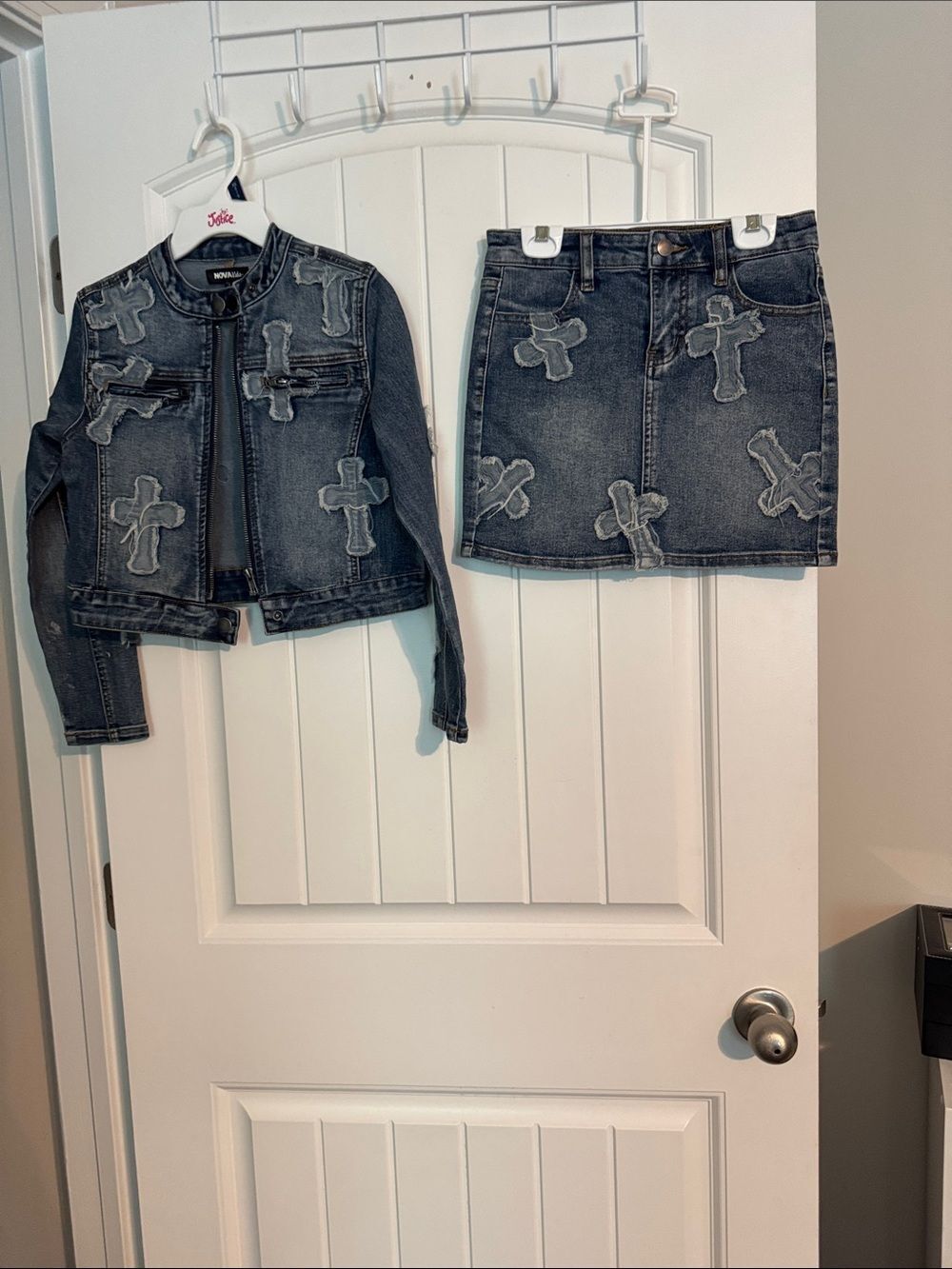 Girls Dark Blue Denim Jacket with Cross Appliqué